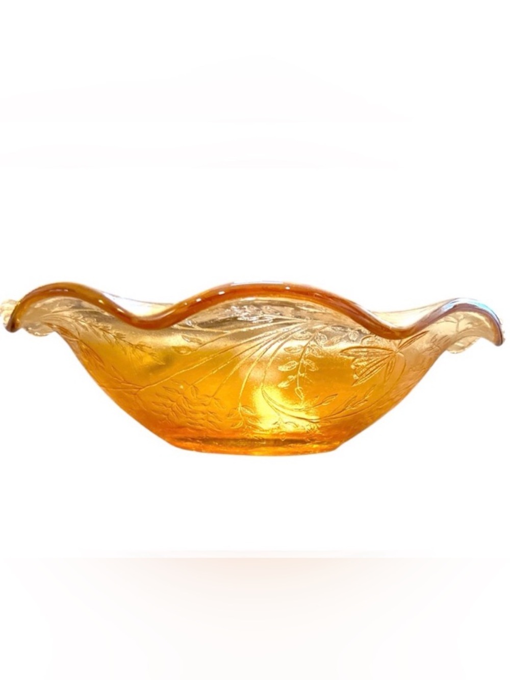 Vintage Marigold Carnival Glass Fruit Bowl 9.5” Floral Ruffled Iridescent Gold